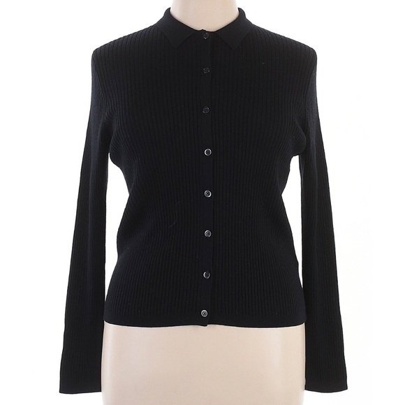 NWT 100% Extra Fine Merino Wool Ribbed Long Sleeve Polo Cardigan Black XL - Picture 4 of 15